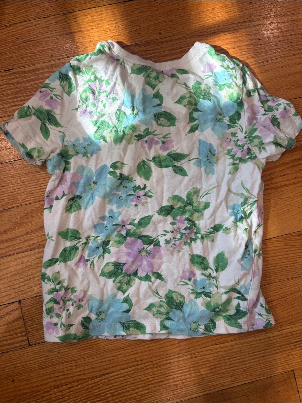 Old Navy White Floral Short Sleeve Tee with Blue & Purple Flowers